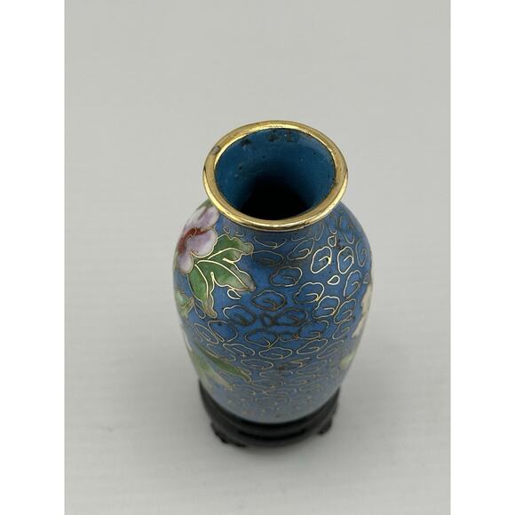 Vintage Mini Chinese Enameled Cloisonne Vase w/ Stand 3 inch Blue PinkFloral - Picture 6 of 8